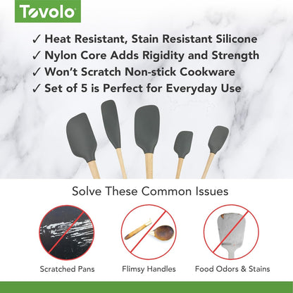 Tovolo Silicone Spatula with Wooden Handle Set of 5 Piece Silicone Kitchen Utensil Set Spoonula Jar Scraper Mini Spatula and Spoonula for Cooking Baking Mixing Folding Deep Indigo