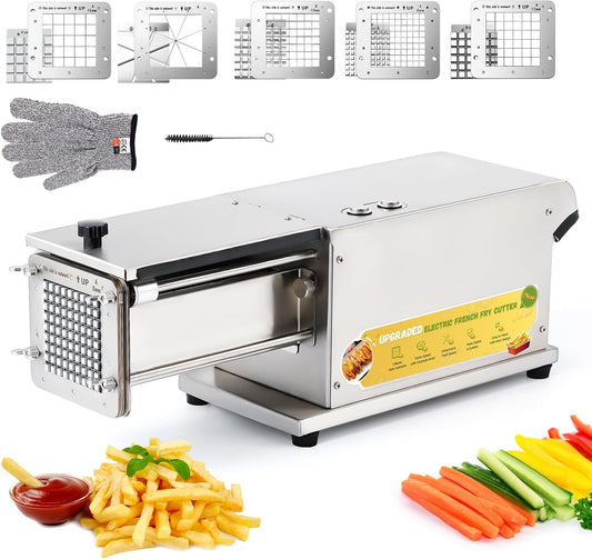 Upgraded French Fry Cutter with 5 Blades Electric Potato Cutters Professional Automatic French Fries Maker Cutter for Commercial, Household Stainless Steel for Potatoes, Cucumbers, Apples