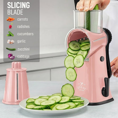Zulay Kitchen Rotary Cheese Grater 5 Blade Cheese Shredder - Manual Hand Crank Cheese Grater With Reinforced Suction & 5 Interchangeable Drums - Easy to Use, Vegetable Chopper Round Mandoline Slicer - Colors B