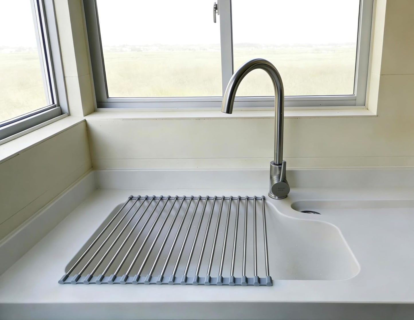Roll Up Dish Drying Rack, Stainless Steel and Silicone Dish Drying Mat Over The Sink Foldable Drain Rack Multipurpose Dish Drainer for Kitchen, 14.5” x 14”, Gray