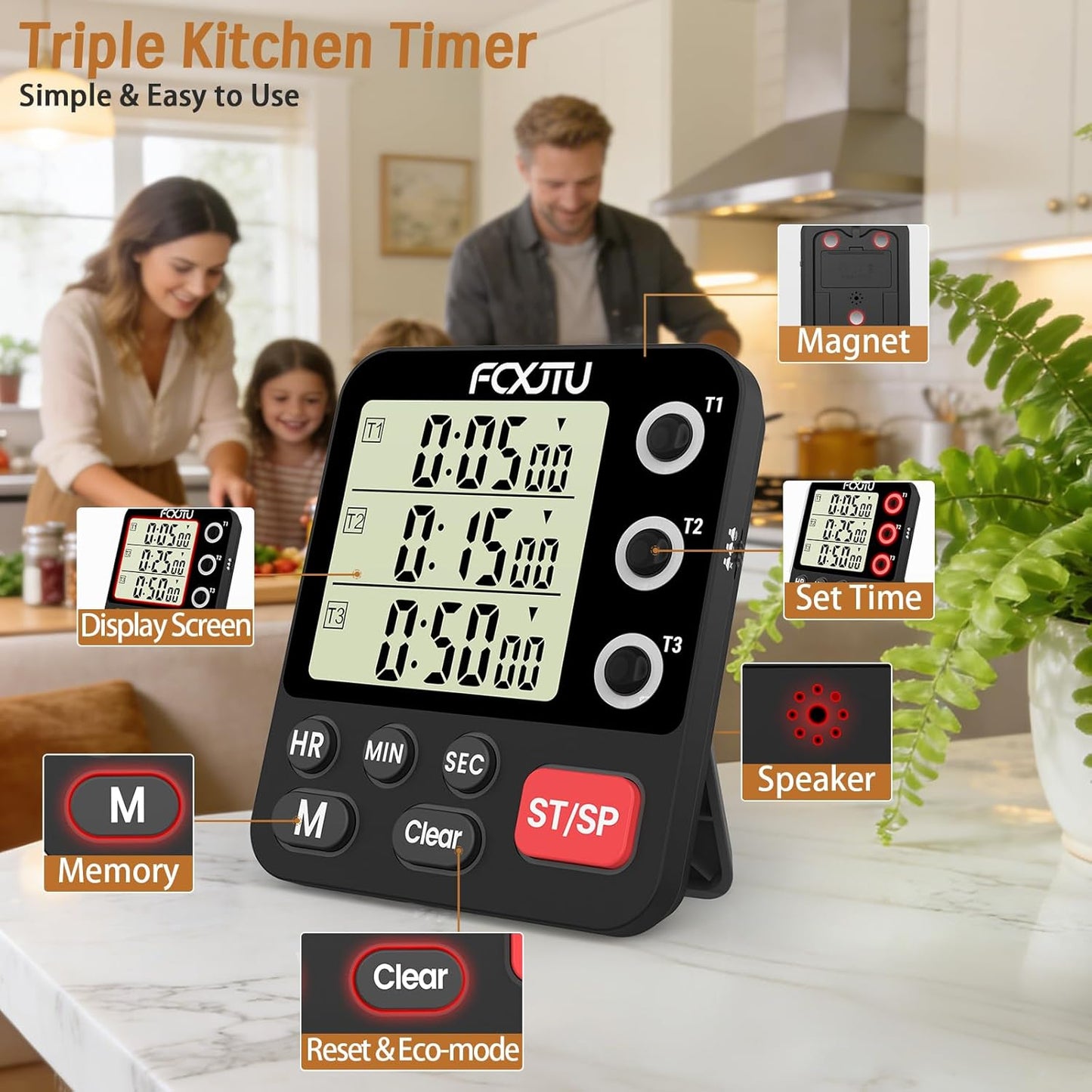 Digital Dual Triple Kitchen Timer, 3 Channels Magnetic Countdown Stopwatch Timer for Cooking, Loud Alarm Large Display Multi Food Memory Timer for Seniors & Teachers Battery Included (Blue)