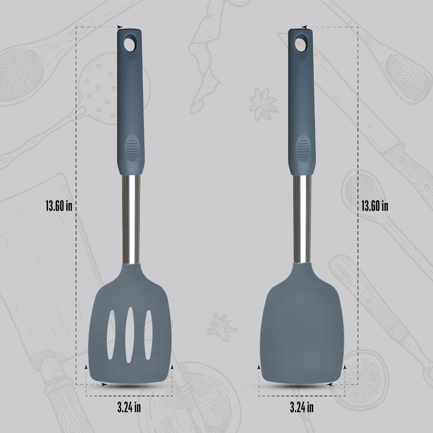 Silicone Spatula Set (2-Pc) - 600°F Heat Resistant, BPA Free, Non-Scratch, Dishwasher Safe I Slotted & Solid Kitchen Spatula Turners I Ideal for Eggs, Pancakes, Fish I Stainless Steel I Gray