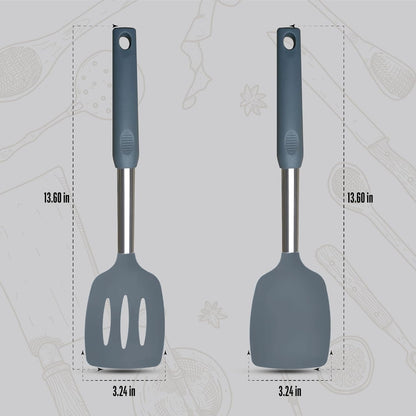 Silicone Spatula Set (2-Pc) - 600°F Heat Resistant, BPA Free, Non-Scratch, Dishwasher Safe I Slotted & Solid Kitchen Spatula Turners I Ideal for Eggs, Pancakes, Fish I Stainless Steel I Gray