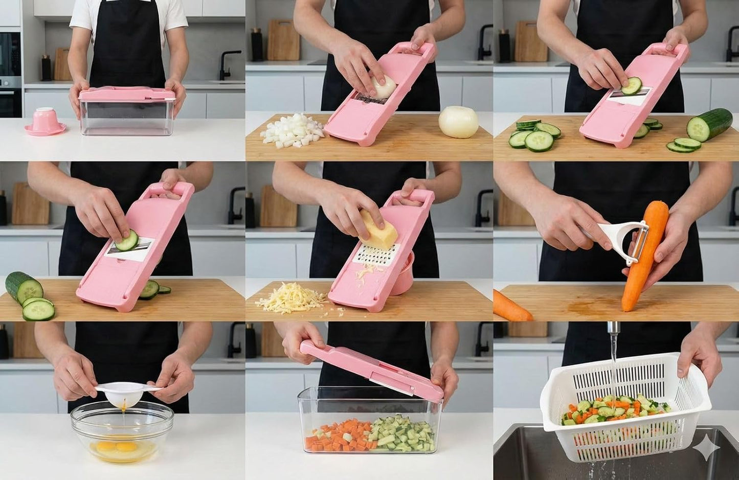 Kalmat Dynamics Food Chopper and Vegetable Slicer, 16-in-1 Multi-Function Kitchen Chopper with 7 Blades and Container, Free Black Cooking Apron (Pink+White)