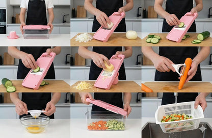 Kalmat Dynamics Food Chopper and Vegetable Slicer, 16-in-1 Multi-Function Kitchen Chopper with 7 Blades and Container, Free Black Cooking Apron (Pink+White)