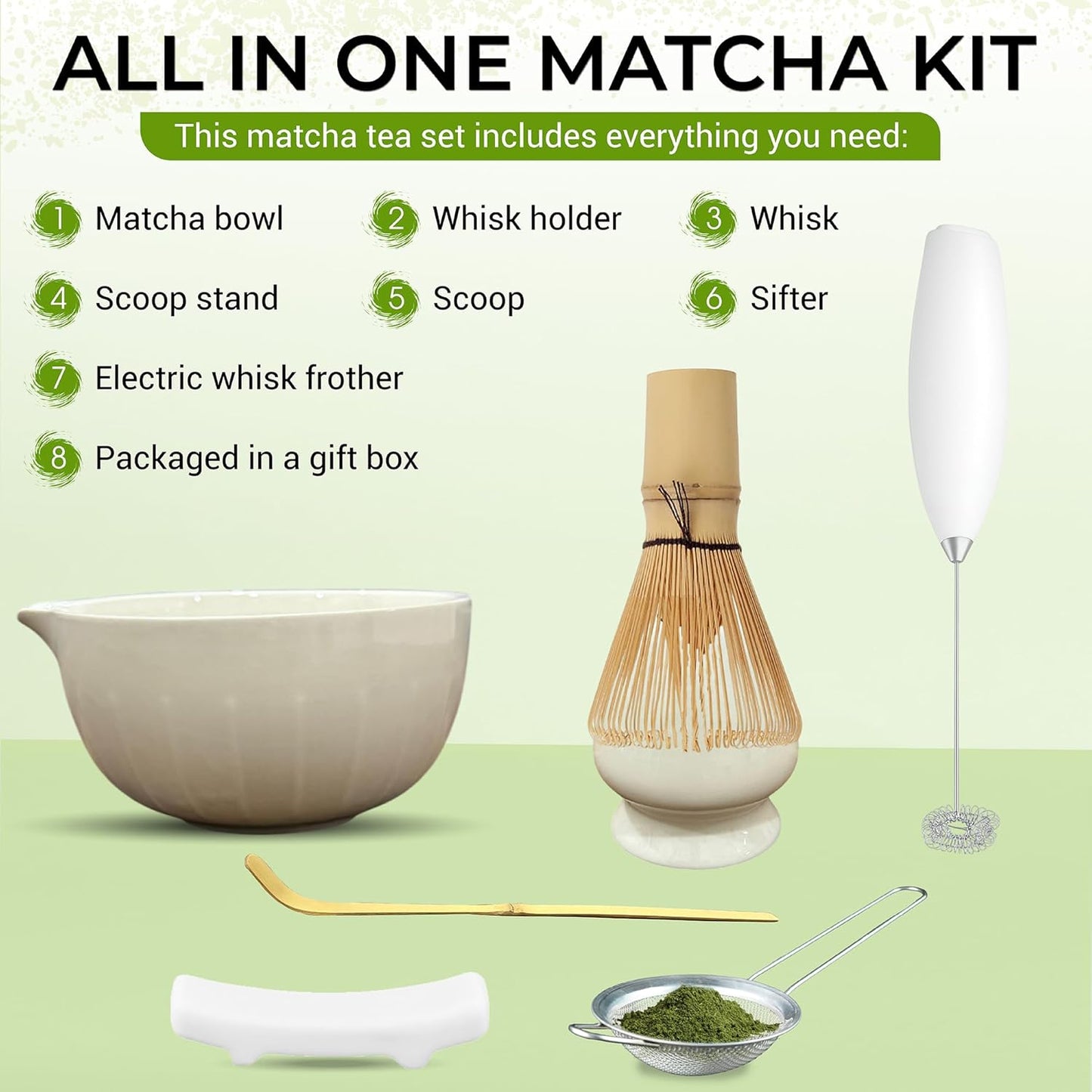 Matcha Whisk Set with Matcha Bowl - Matcha Set Included Electric Frother, Bamboo Whisk, Matcha Spoon, Bamboo Holder, Sifter, Spoon Stand (Blossom Pink)