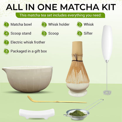 Matcha Whisk Set with Matcha Bowl - Matcha Set Included Electric Frother, Bamboo Whisk, Matcha Spoon, Bamboo Holder, Sifter, Spoon Stand (Blossom Pink)