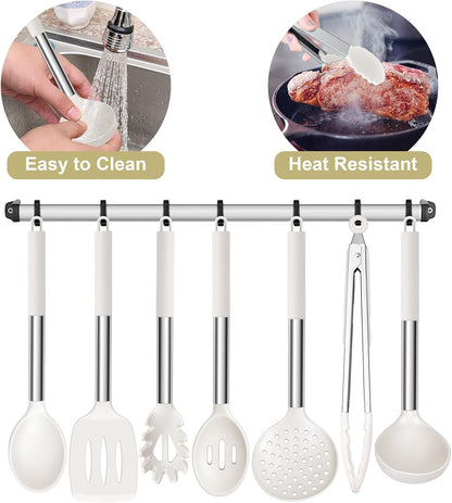 E-far Silicone Cooking Utensils Set, 7 Pcs Heat Resistant Kitchen Utensils with Stainless Steel Handle, Slotted Turner, Spoon, Soup Ladle, Pasta Server, Skimmer, Tongs for Nonstick Cookware, Black
