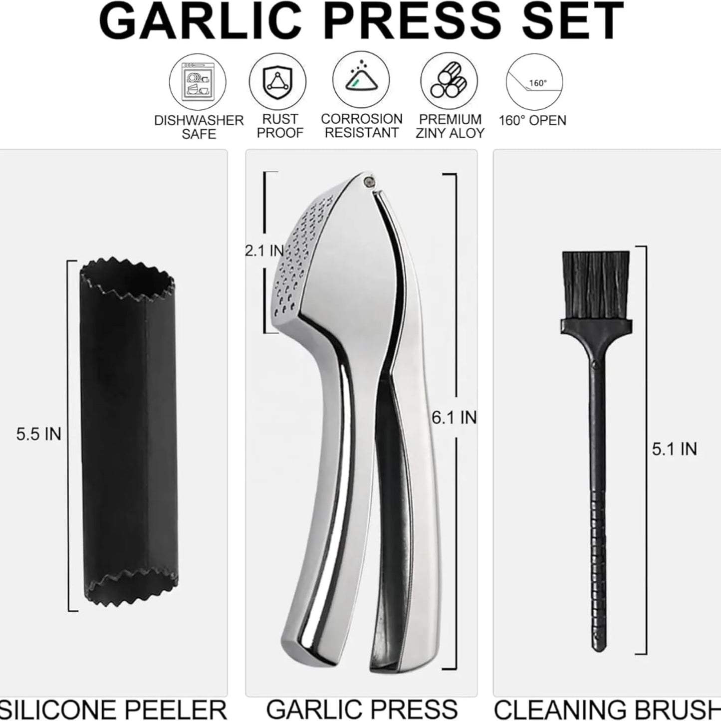 Garlic Press, Garlic Peeler and Cleaning Brush as 1 Set, Heavy Duty and Rust Proof Garlic Press Made of 304 Stainless Steel for Home and Kitchen Tools, Easy to Use & Dishwasher Safe