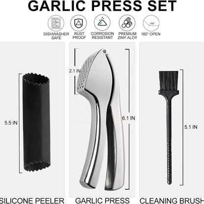 Garlic Press, Garlic Peeler and Cleaning Brush as 1 Set, Heavy Duty and Rust Proof Garlic Press Made of 304 Stainless Steel for Home and Kitchen Tools, Easy to Use & Dishwasher Safe