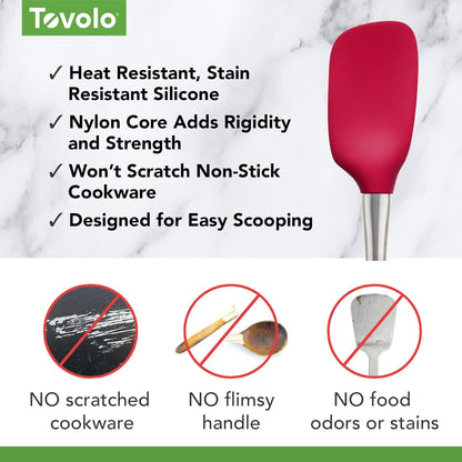 Tovolo Flex Core Silicone Spatula Spoonula Set of 2 for Non Stick Cast Iron Cooking & Baking, Dishwasher Safe Heat Resistant BPA Free Long Stainless Steel Handle Kitchen Utensil, Charcoal Gray