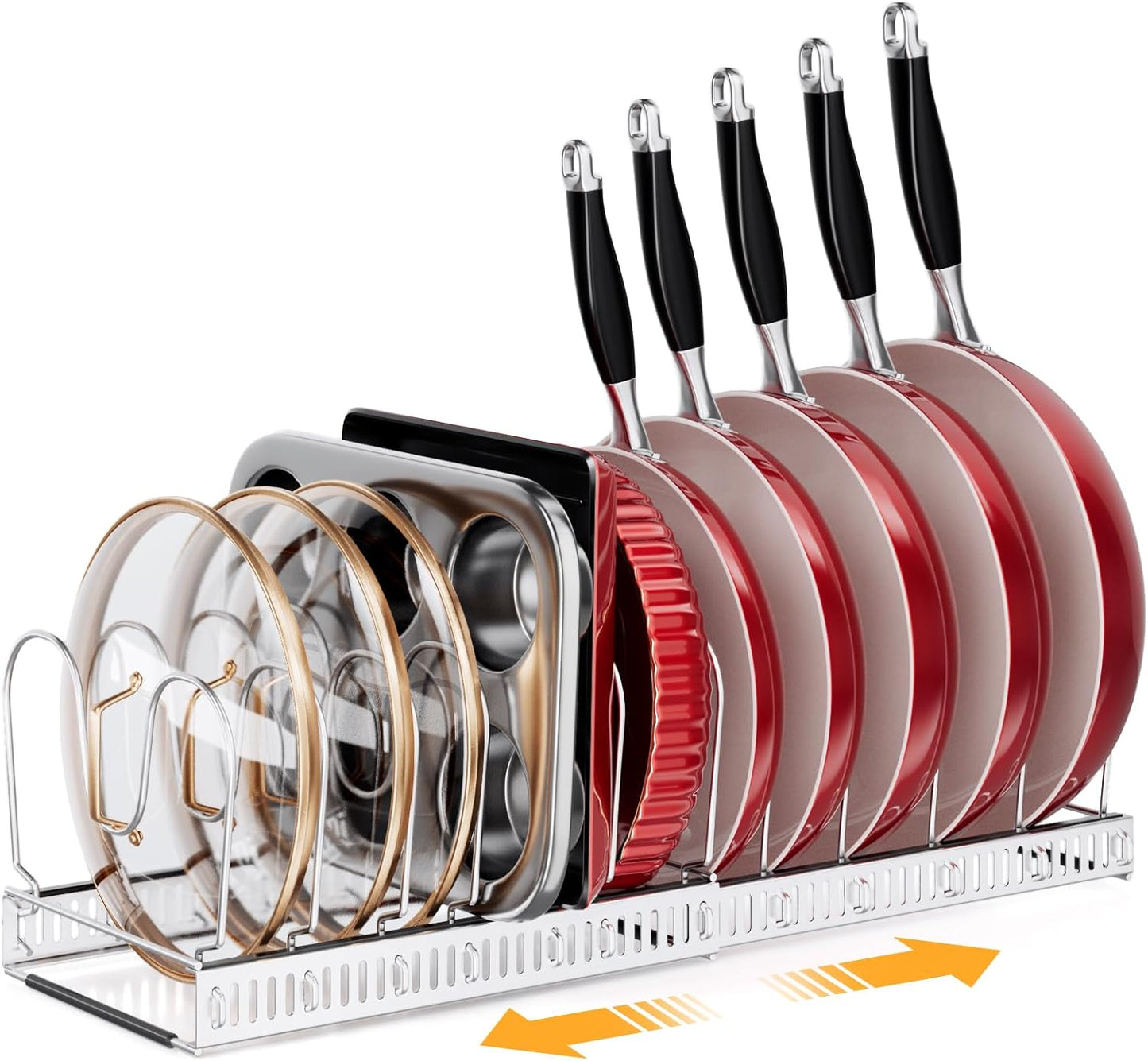 MUDEELA Pots and Pans Organizer Rack for under Cabinet, Expandable 11.81''-22.85'' Pot Lid Kitchen Cabinet Organizer Holder with 10 Adjustable Compartment Cutting Board Organizer for Pan Lid, Bakeware