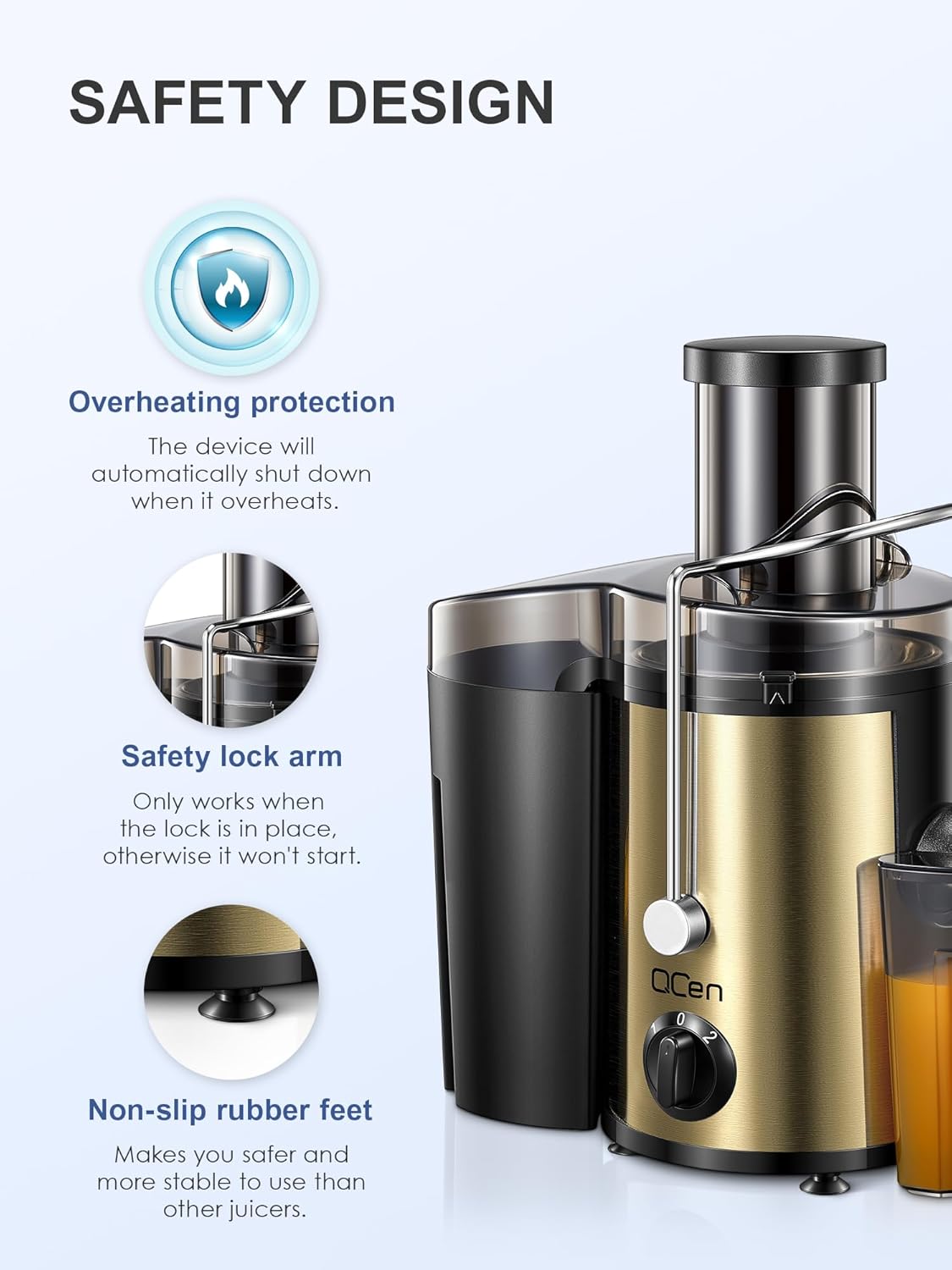 Qcen Juicer Machine, 500W Centrifugal Juicer Extractor with Wide Mouth 3” Feed Chute for Fruit Vegetable, Easy to Clean, Stainless Steel, BPA-free (Black)