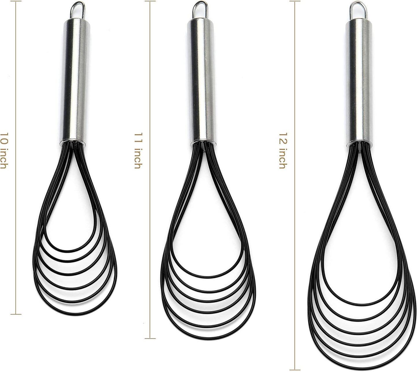 Flat Whisk Set,Stainless Steel 3 Pack 10''+11''+12'' Premium Sturdy-6 Silicone Heads Non Stick Wires Whisk for Blending Beating Stirring Kitchen Cooking by Jell-Cell (Blue)