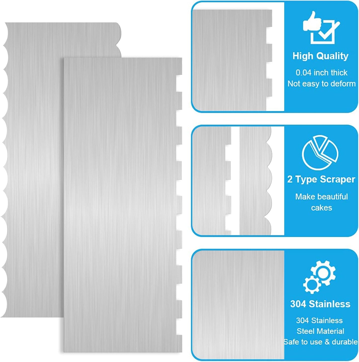 2 Pc 9 Inches Stainless Steel Cake Scraper Cake Decorating Tools Edge Side Jagged Wave Double Sided Patterned Comb Metal Cake Carving Smoothing Cream Pastry Baking(9 x 3.5 Inches)