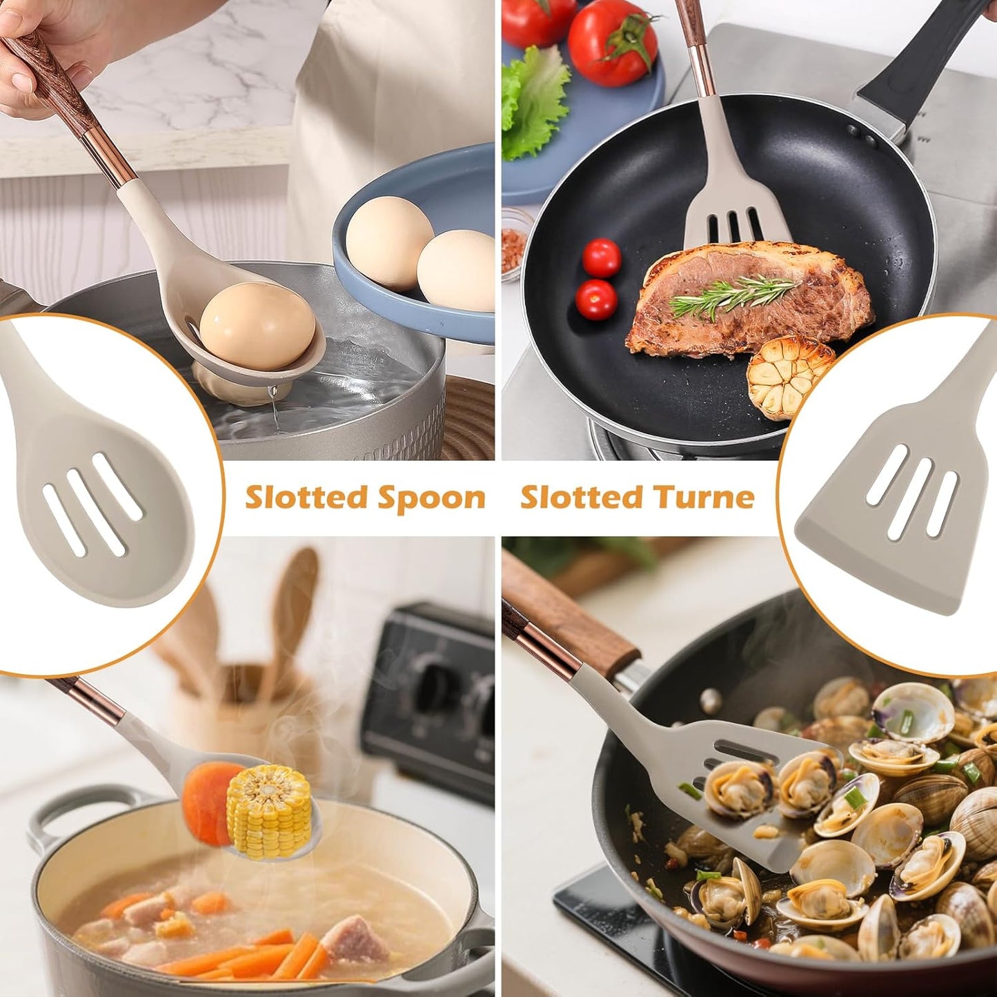 MANJIA Silicone Spatulas Set, Nonstick Silicone Spoon & Turner Spatula Set, Serving Spoon kitchen Spatula for Cooking Fish, Eggs,Flipper, Cooking Utensils Set 2pcs (white-spoons)
