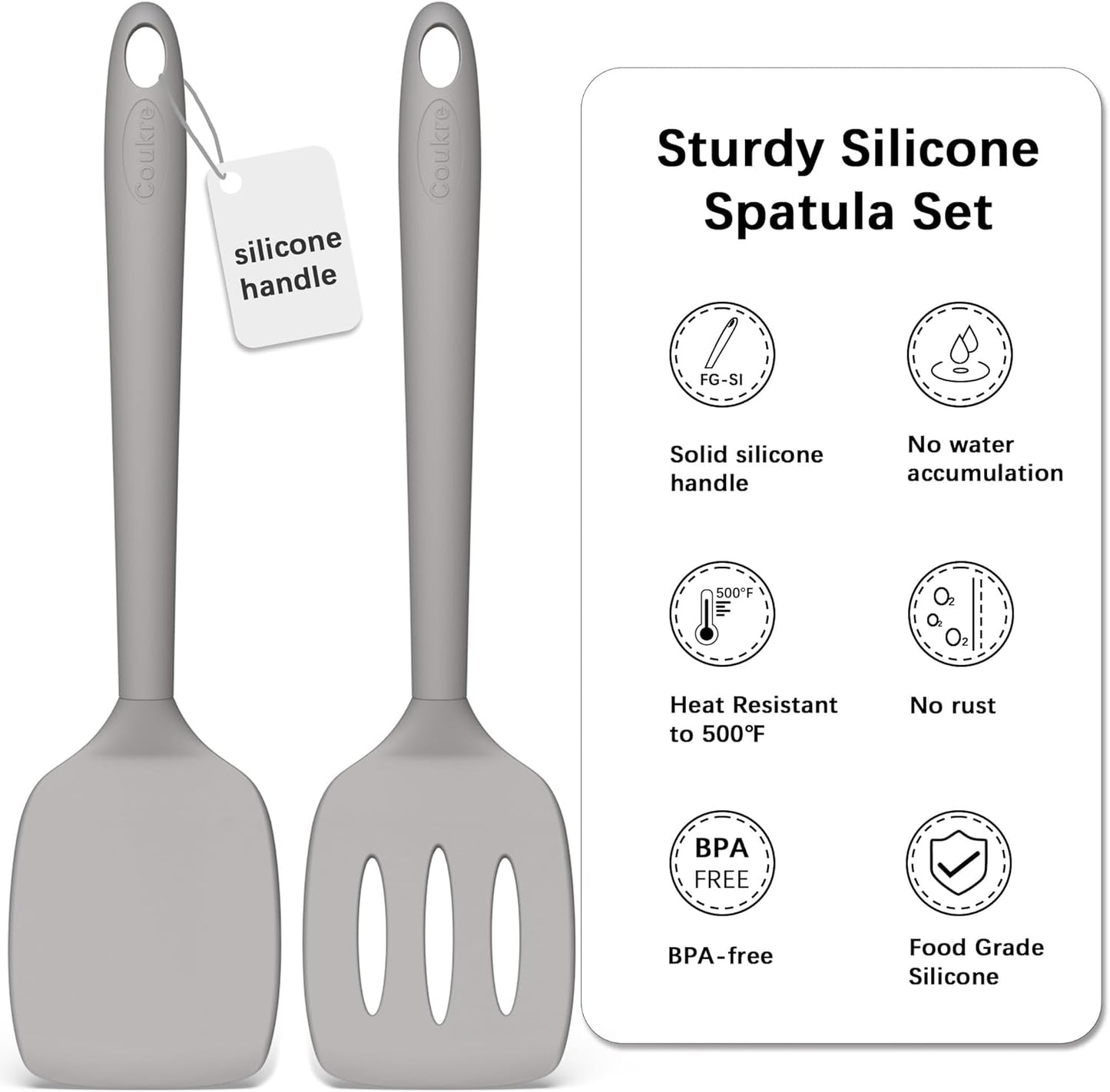Coukre 2 Pack Silicone Spatula Set, High Heat Resistant, BPA Free Kitchen Spatula, Solid & Slotted Turner for Non-Stick Pans, Sautéing, and Flipping (2, PureBlack)