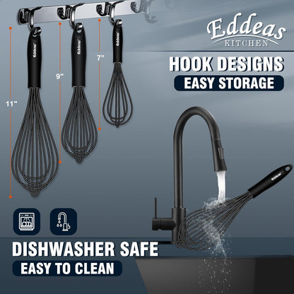 Whisks For Cooking - 500 °F Heat Resistant Silicone Whisk, Heavy Duty 7",9"&11inch Non-Scratch Balloon Kitchen Wisk tool Set, for cooking Wisking, Blending, Beating, Stirring, 3 Piece Black