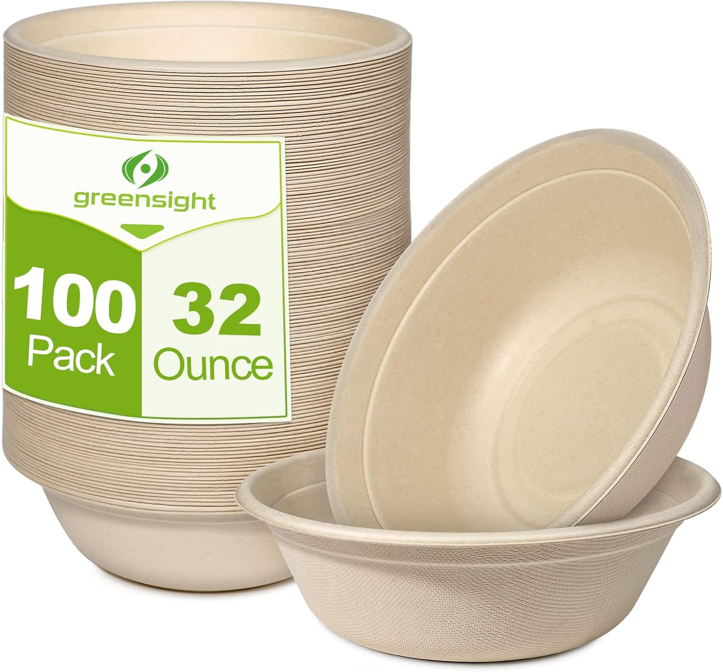 greensight Large Compostable Bowls - 32 oz, 100 Pack, Heavy Duty, Microwavable Safe, White Bagasse Bowls for Hot Soup, Salads, Cereals