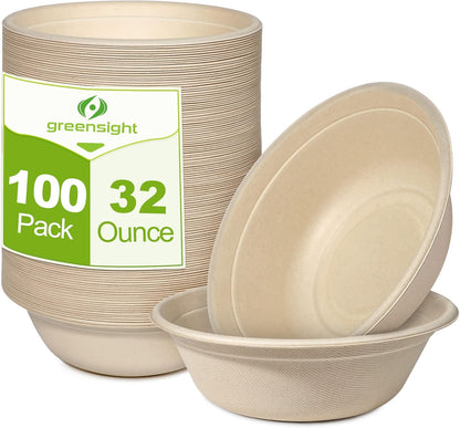 greensight Large Compostable Bowls - 32 oz, 100 Pack, Heavy Duty, Microwavable Safe, White Bagasse Bowls for Hot Soup, Salads, Cereals