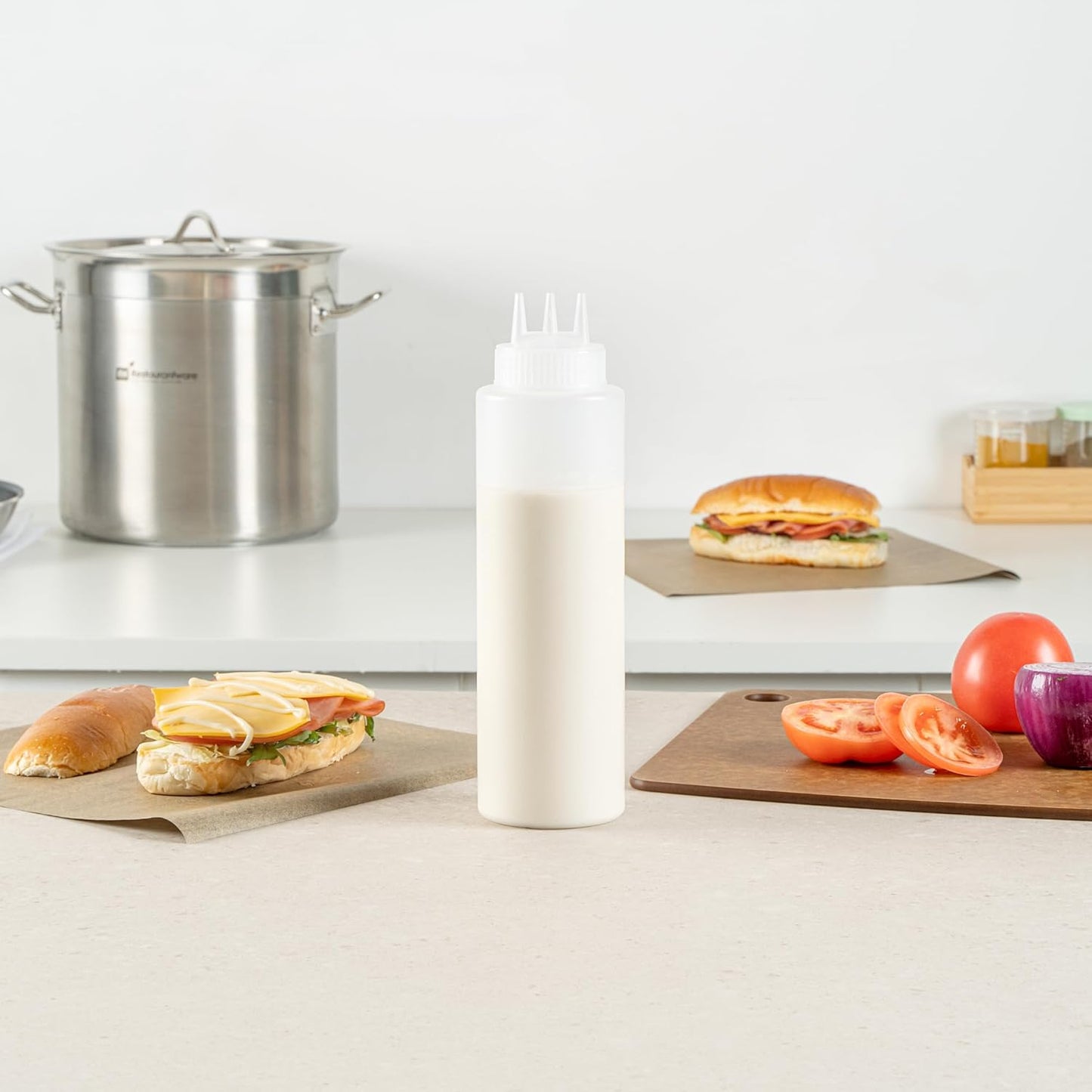 Restaurantware Plastic Squeeze Bottle 20 oz Refillable Condiment Bottle Large Valve Dishwashable Yellow Inverted Sauce Dispenser For Thick Condiments, Dressings, Batter, Sour Cream, And Syrups