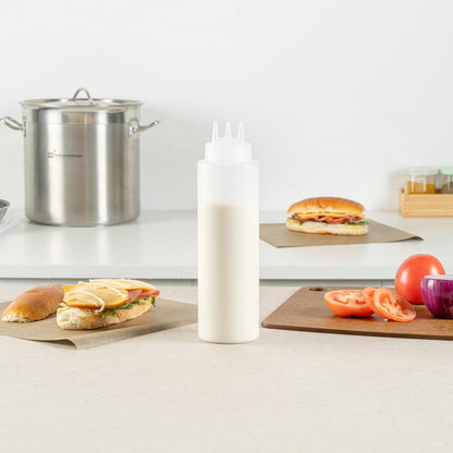 Restaurantware Plastic Squeeze Bottle 20 oz Refillable Condiment Bottle Large Valve Dishwashable Yellow Inverted Sauce Dispenser For Thick Condiments, Dressings, Batter, Sour Cream, And Syrups