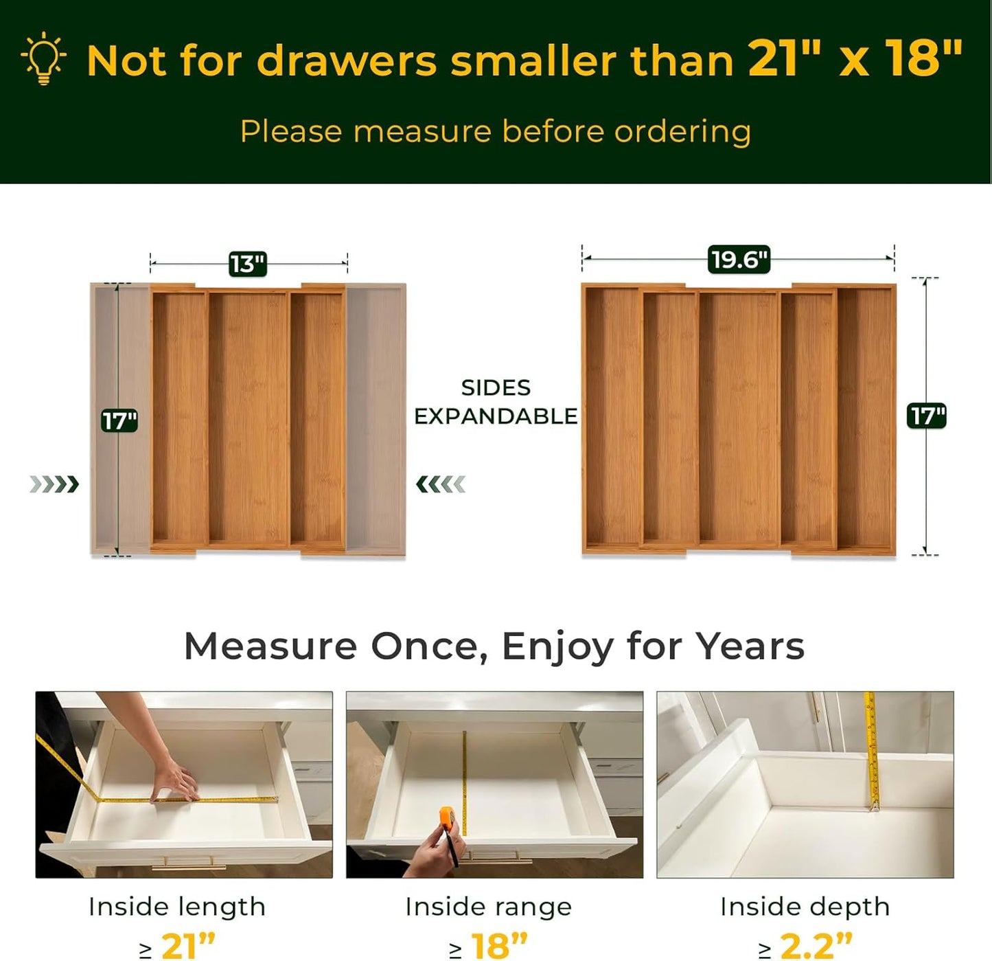 keechee Carbonized Bamboo Kitchen Drawer Organizer, 10 Slots Expandable Silverware Organizer, Utensil Holder & Cutlery Tray, 2.2" Deep for Extra Capacity, Non-Slip Feet Included