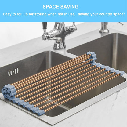 Seropy Roll Up Dish Drying Rack Over The Sink for Kitchen Sink Drying Rack Folding Dish Drainer Mat Rolling Dish Rack Sink Rack Stainless Steel Kitchen Dry Rack Black 17.5x15.7 Inch