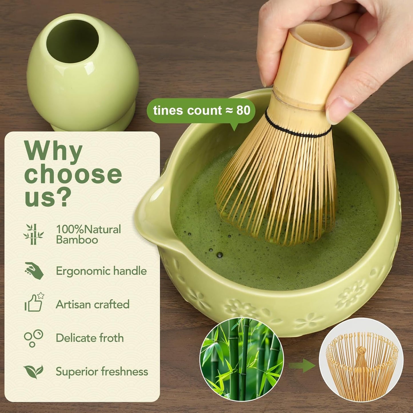 Matcha Whisk Set, Ceramic Matcha Set with Bowl, Chasen Holder, Scoop Rest, Sifter, 8-Pcs Japanese Ceremony Matcha Kit–Matcha Lovers Gift for Women Mom Girl Friend-Matcha Green