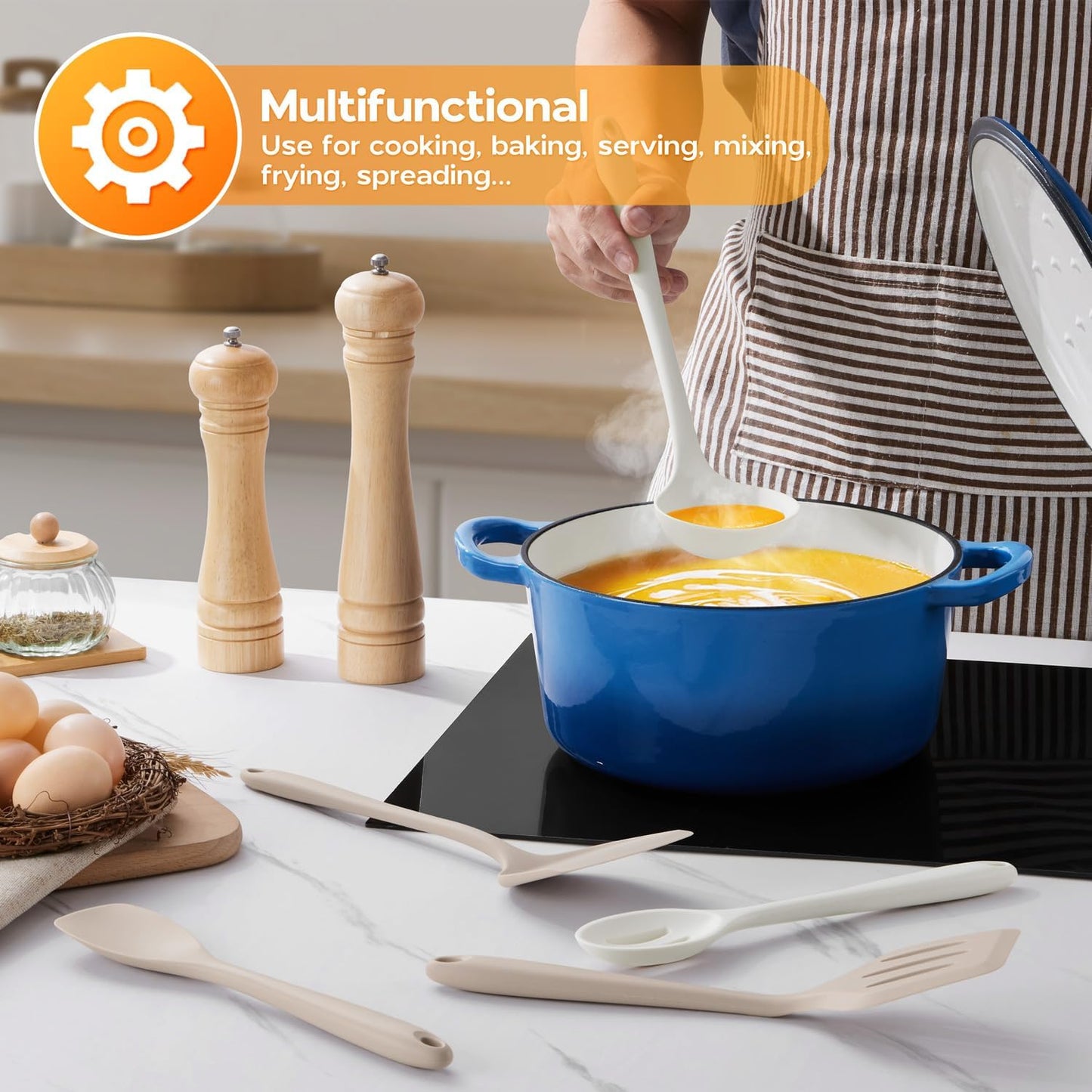 Onader Silicone Cooking Utensils Set of 10, Kitchen Utensils for Nonstick Cookware, Heat Resistant & Nontoxic Spatula Set- Khaki