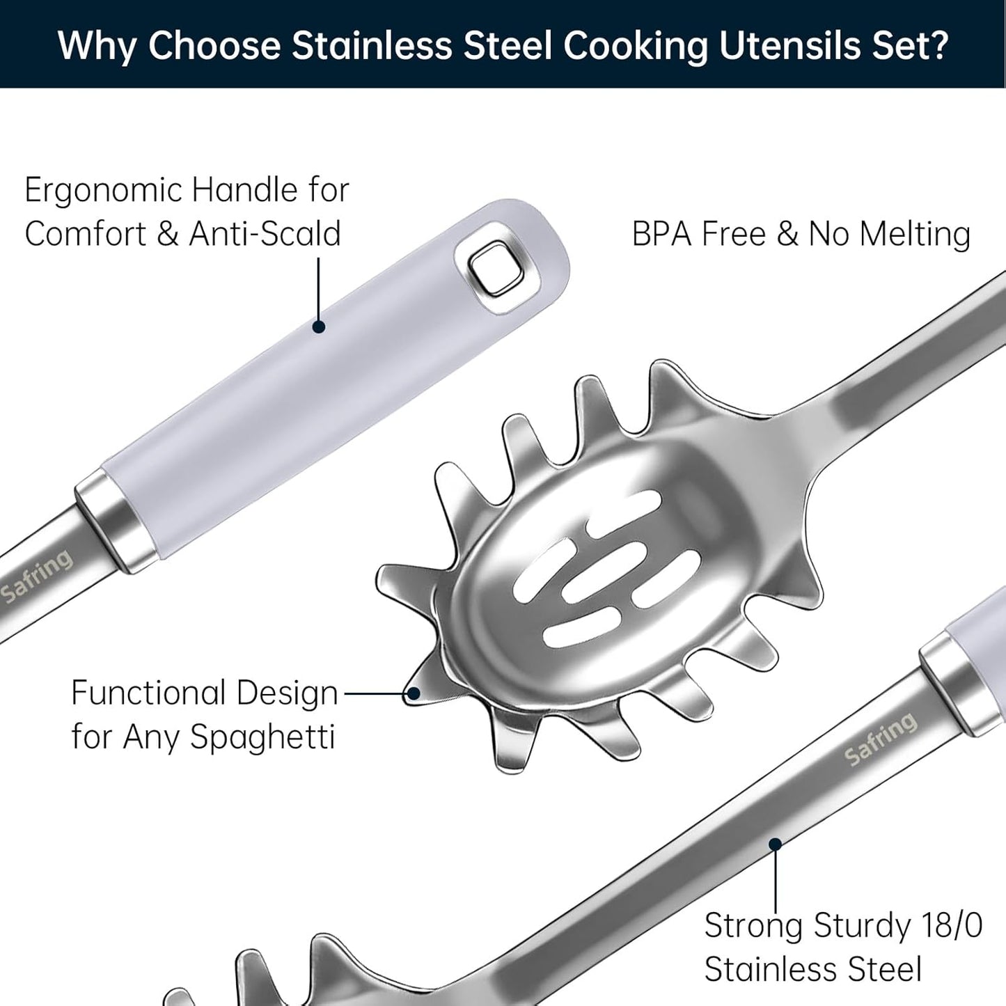 Safring Stainless Steel Soup Ladle and Spaghetti Spoon Set, Heat Resistant Rubber Handle, Dishwasher Safe, Kitchen Utensils for Cooking, Stirring, Serving Pasta, Soup & Sauce