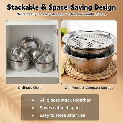 Mixing Bowls Set, 3 In 1 Multifunctional Stainless Steel Basin, Rice Washer Strainer Bowl, Kitchen Grater Set with Drain Basket for Vegetables Salad, 10.2 Inches