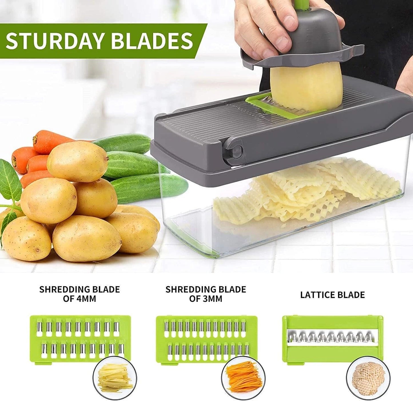 14-in-1 Vegetable Chopper with Container, Onion Chopper Dicer, Multifunctional Food Slicer and Grater with 7 Blades, Safe Mandoline Slicer for Kitchen, Vegetable Cutter for Potato, Tomato, Onion