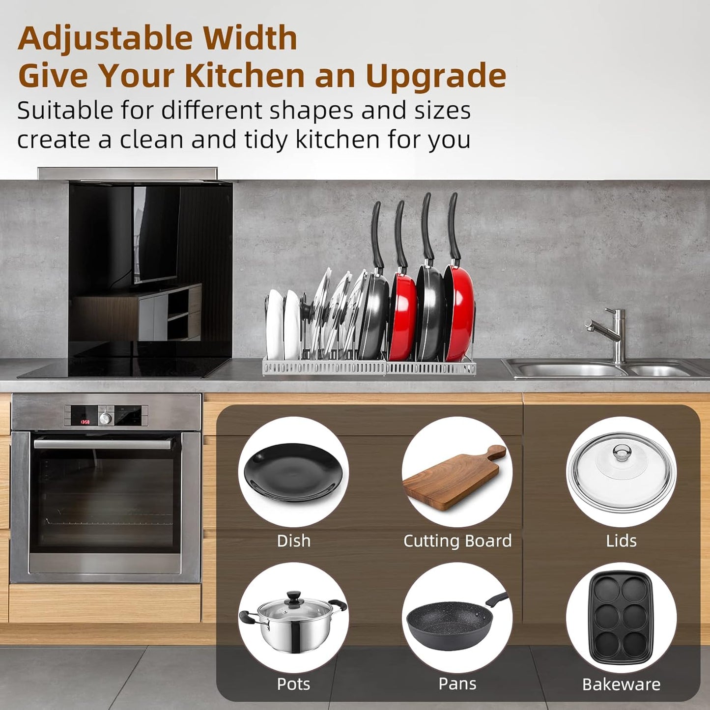Pot Rack Organizer -Expandable Pot and Pan Organizer for Cabinet,Pot Lid Organizer Holder with 10 Adjustable Compartment for Kitchen Cabinet Cookware Baking Frying Rack,Bronze