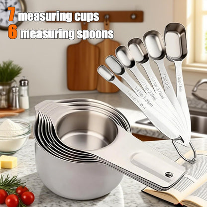Measuring cup and spoon set stainless steel 13 inch 18/8 stainless steel: 7 measuring cups and 5 measuring spoons, with a professional magnetic measurement conversion table
