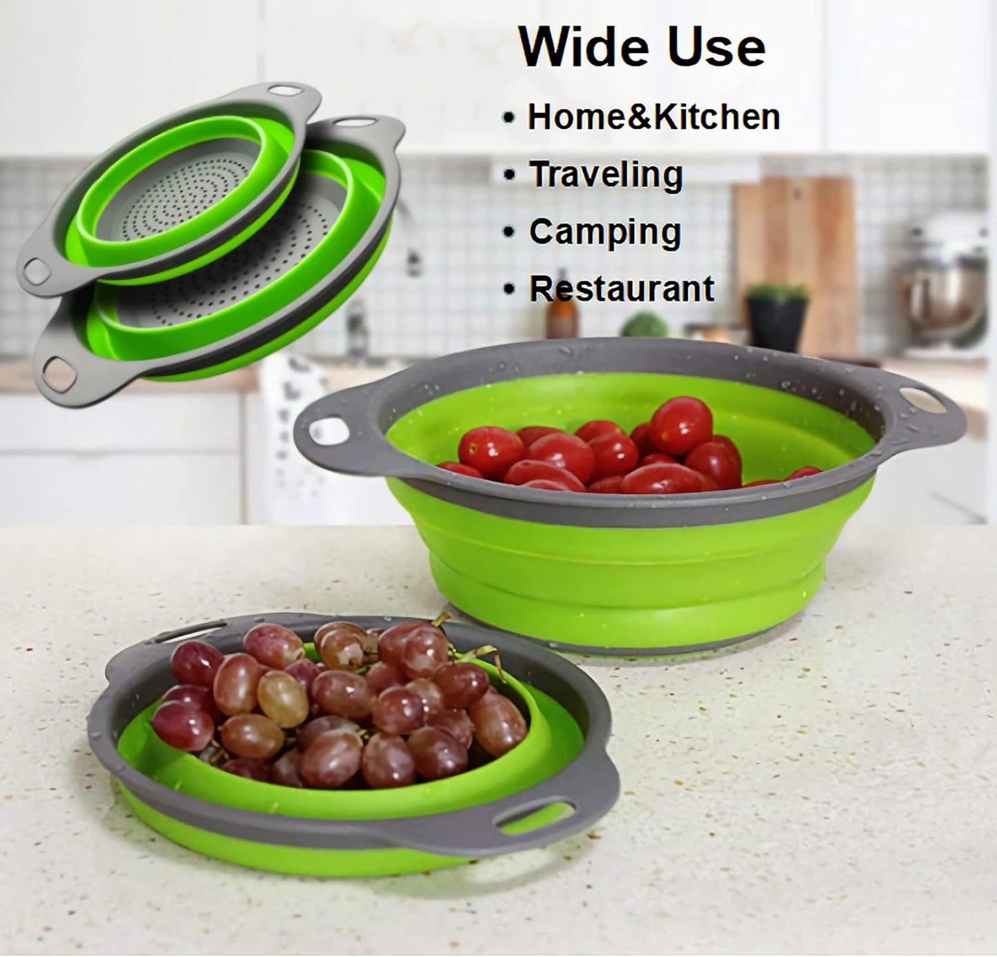Collapsible Colander Set, Food-Grade Silicone Kitchen Filter, Kitchen Strainer Colander with Extendable Handles for Draining Pasta, Vegetable and Fruit
