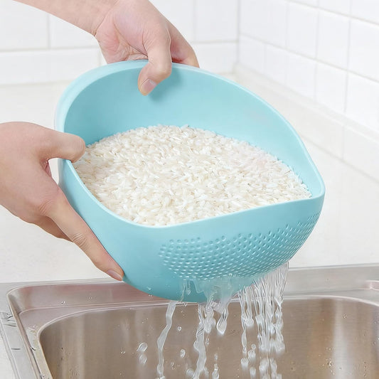 Plastic Washing Bowl With Strainer - Efficiently Wash Small Grains for Rice, Pasta, Vegetables, Fruits-Blue