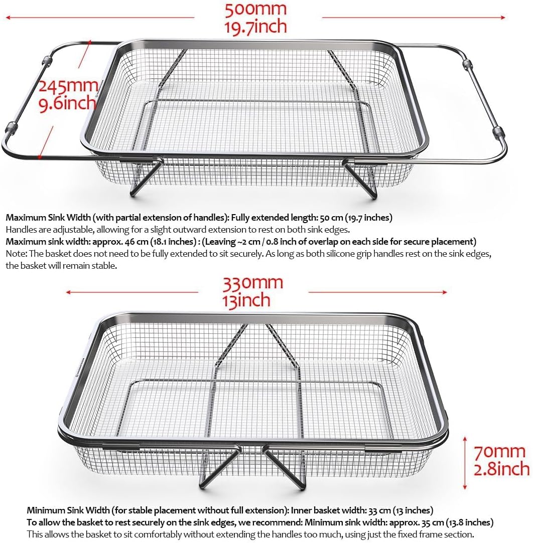 WAGENSTEIGER Extendable Dish Rack with Feet, Vegetable Colander Basket, Stainless Steel Dish or Silverware Drying Rack, Ultimate Kitchen Organizer Over the Sink (12.40 x 5.12 x 2.36 Inches)