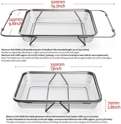 WAGENSTEIGER Extendable Dish Rack with Feet, Vegetable Colander Basket, Stainless Steel Dish or Silverware Drying Rack, Ultimate Kitchen Organizer Over the Sink (12.40 x 5.12 x 2.36 Inches)