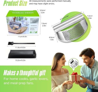 Garlic Press Rocker 304 Stainless Steel Garlic Mincer & Crusher with Silicone Peeler and Cleaning Brush, Ergonomic Dishwasher Safe Garlic Chopper Kitchen Gadget for Seniors & Home Cooks