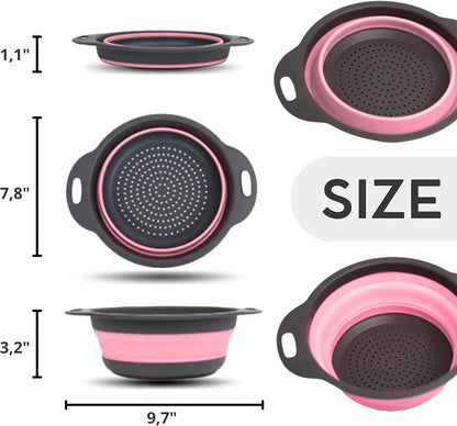 Green Kitchen Strainer Colander Set - 2 PCS Multifunctional Colander Silicone Food Strainers for Kitchen for Pasta and Spaghetti Collapsible with Plastic Handles