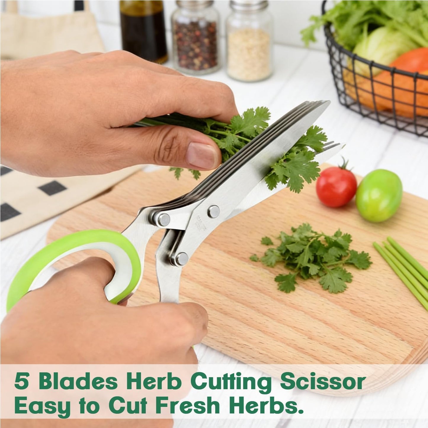 Herb Scissors & Herb Stripper Wooden Vegetable Leaf Separator, Multipurpose 5 Blade Kitchen Salad Scissors, Exquisite Herb Stripper Gifts for the Kitchen Suitable for Home Use