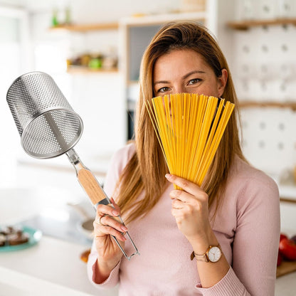 Tessco 4 Pcs Pasta Strainer, 4.7" x 5.2'' Stainless Steel Pasta Basket Mesh Cooker with Wood Handle, Spider Strainer Kitchen Skimmer for Food Dumpling Noodle Blanching(Dark Color)
