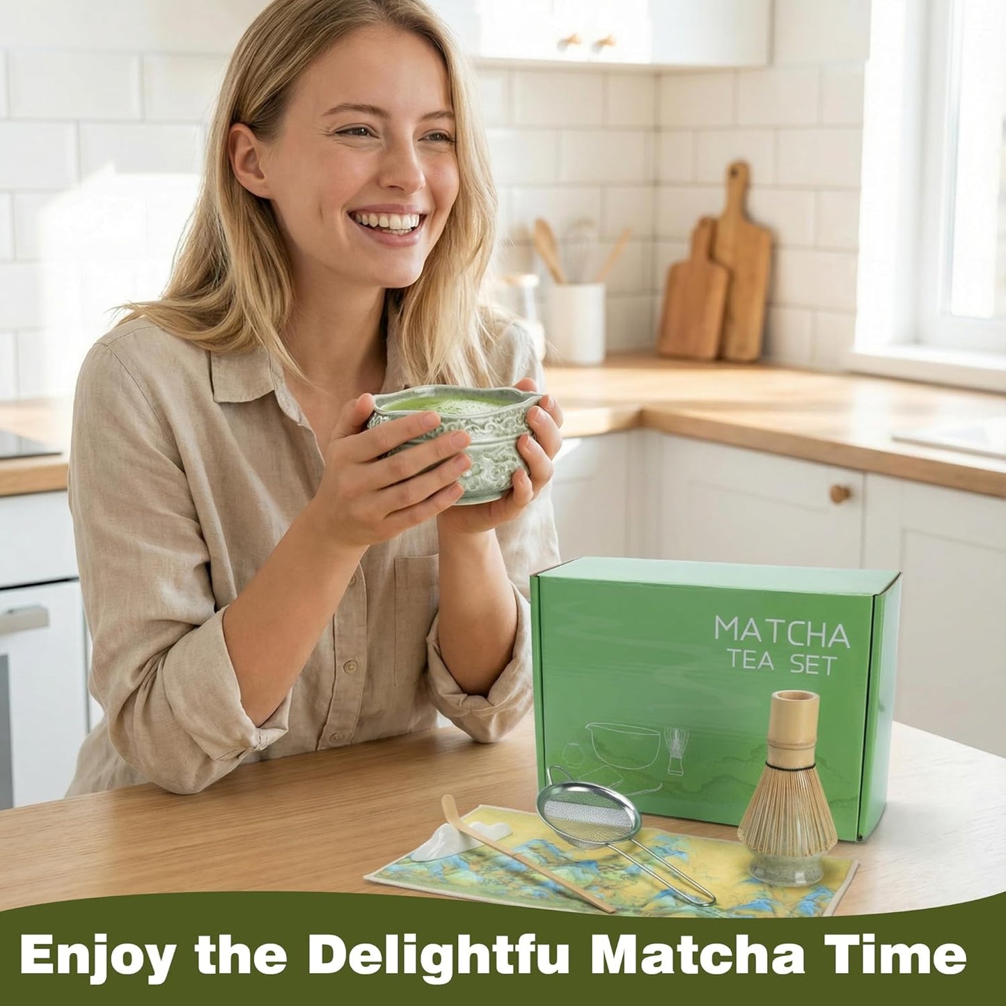 Matcha Whisk Set -7 Pcs Ceramic Matcha Kit Includes Matcha Bowl,Holder,Matcha Sifter, Bamboo Whisk (Chasen),Matcha Spoon and Scoop and Tea Towel,Matcha Kit for Matcha Lovers(Cyan)