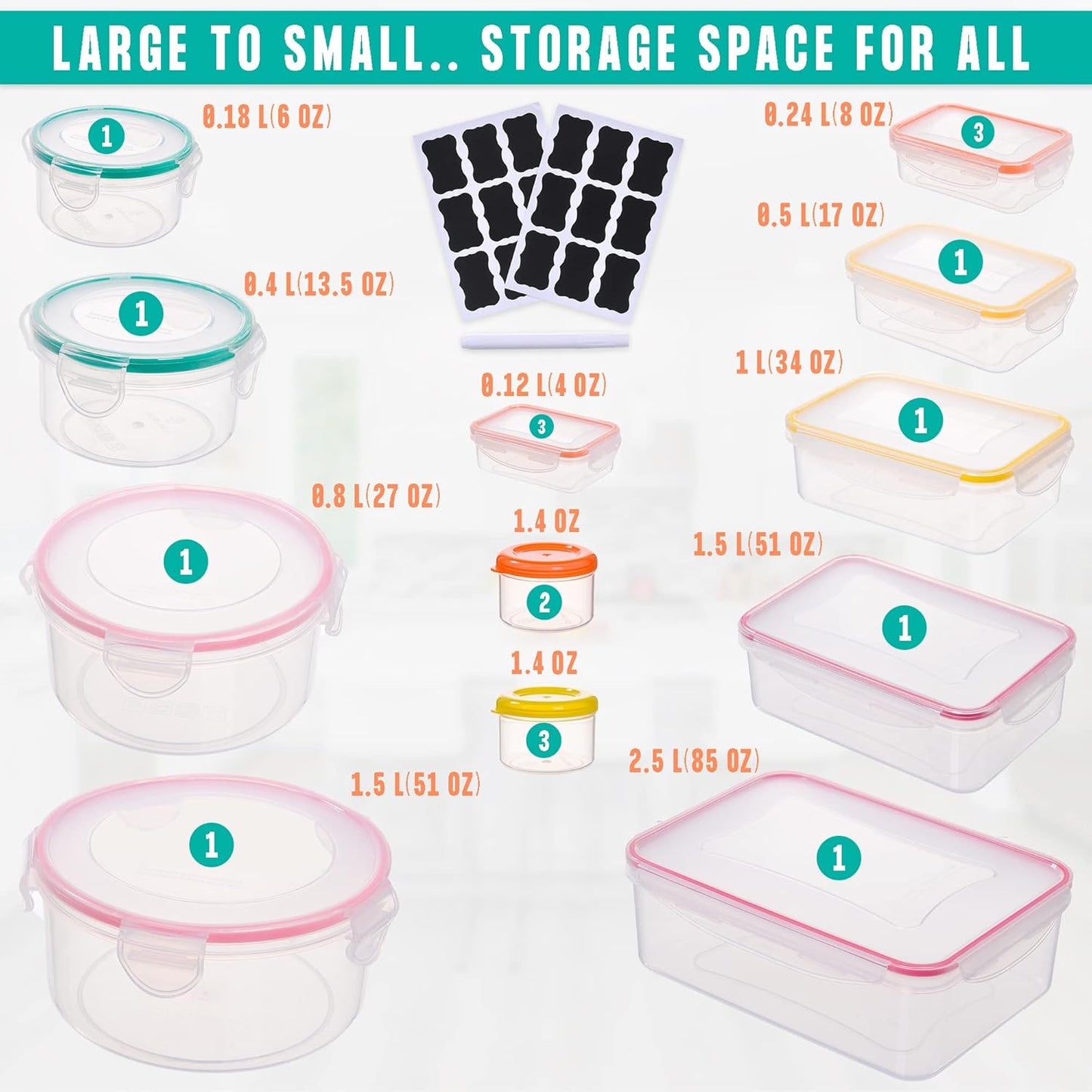 RockBerry 50 Pcs Large Food Storage Containers with Lids Airtight-85 OZ to small Containers-Total 526OZ Stackable Kitchen Set -BPA Free Leak proof containers- Freezer Microwave safe