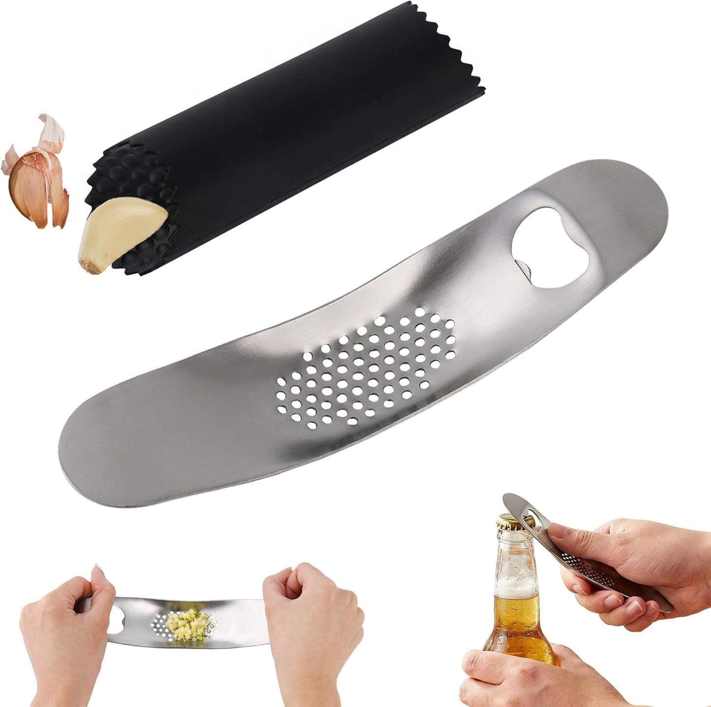 Garlic Press Rocker Stainless Steel, Manual Garlic Mincer Crusher with Silicone Peeler Set, Heavy Duty Ginger Smasher with Bottle Opener for Kitchen, Dishwasher Safe, Silver & Black