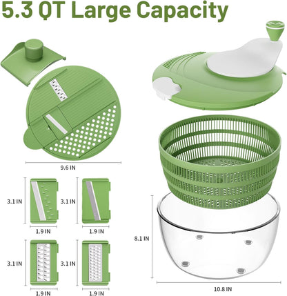 Salad Spinner, 5.3 QT Lettuce Spinner with Strainer, Fruit Cleaner with 4 Replaceable Blade for Shredding, Slicing and Pureeing, Salad Washer & Dryer for Quick Washing (Green)