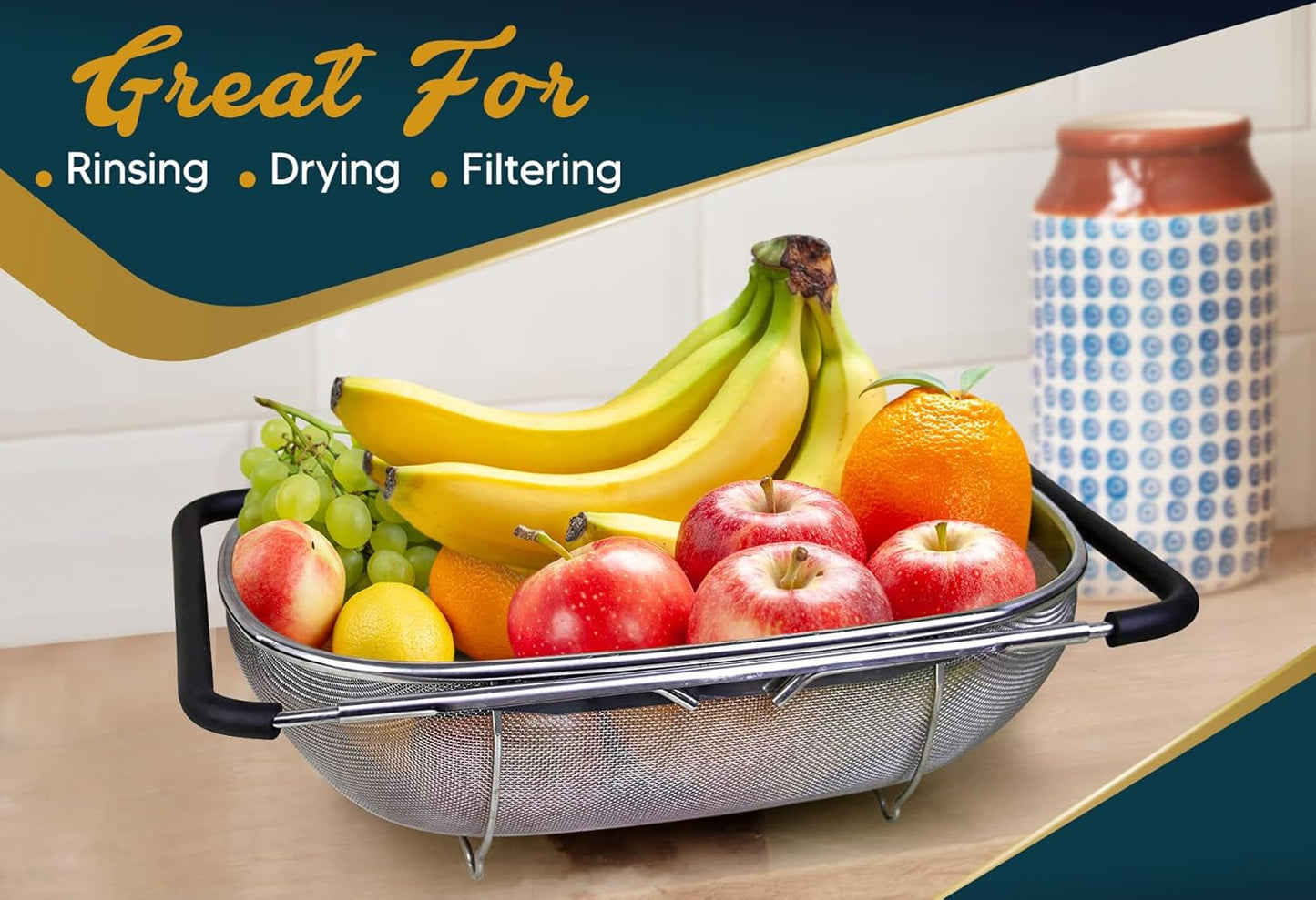 Over the Sink Colander for Kitchen - 6 Quart Over the Sink Strainer Basket with Extendable Ergonomic Handles and Resting Feet - Multipurpose Fine Mesh Strainer for Kitchen
