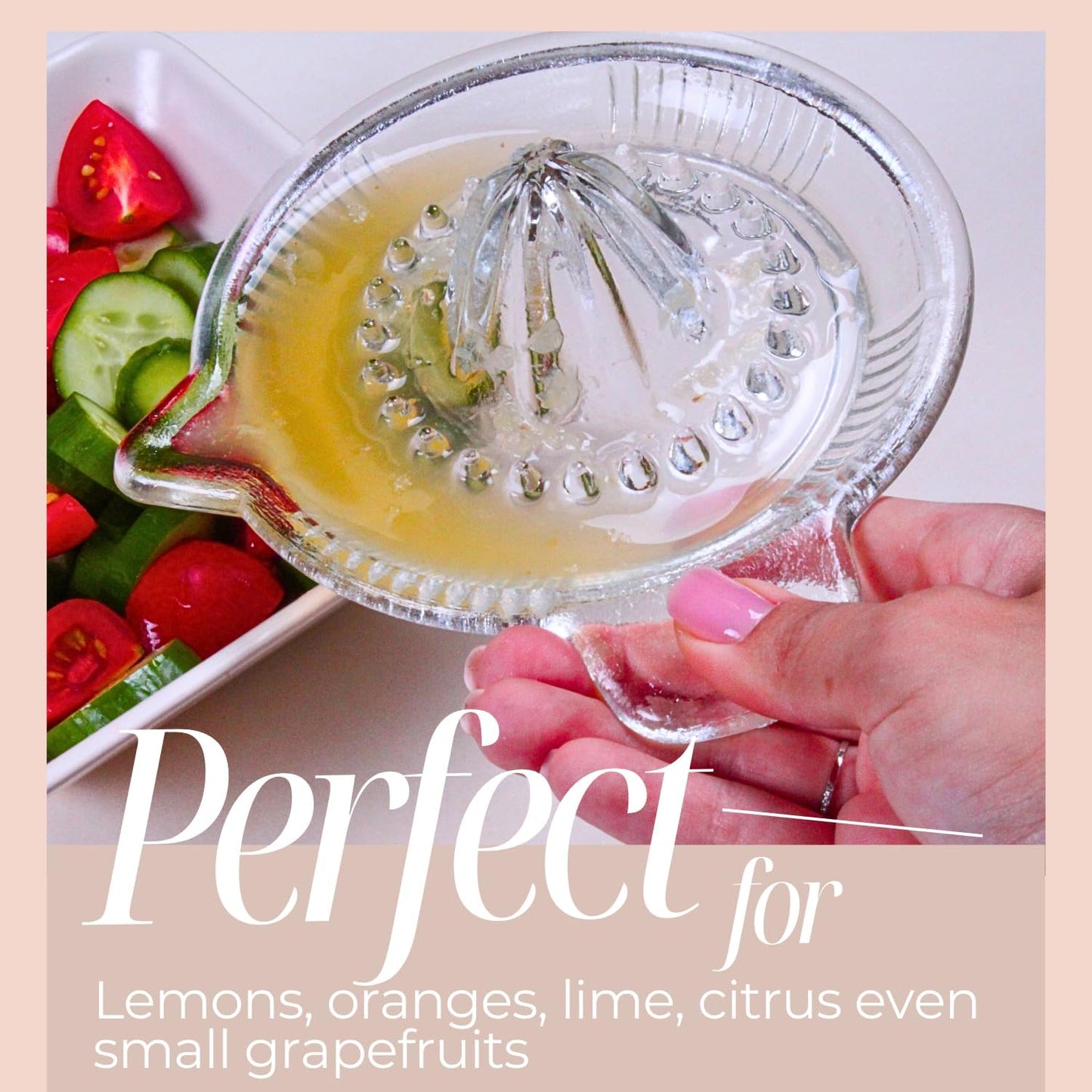 Glass Lemon Juicer, Small Grapefruit and Citrus Juicer, Extractor Manual Hand with Handle and Pour Spout, BPA Free and Lead-Free Heavyweight Crystal Clear Glass 10.1oz (Yellow)
