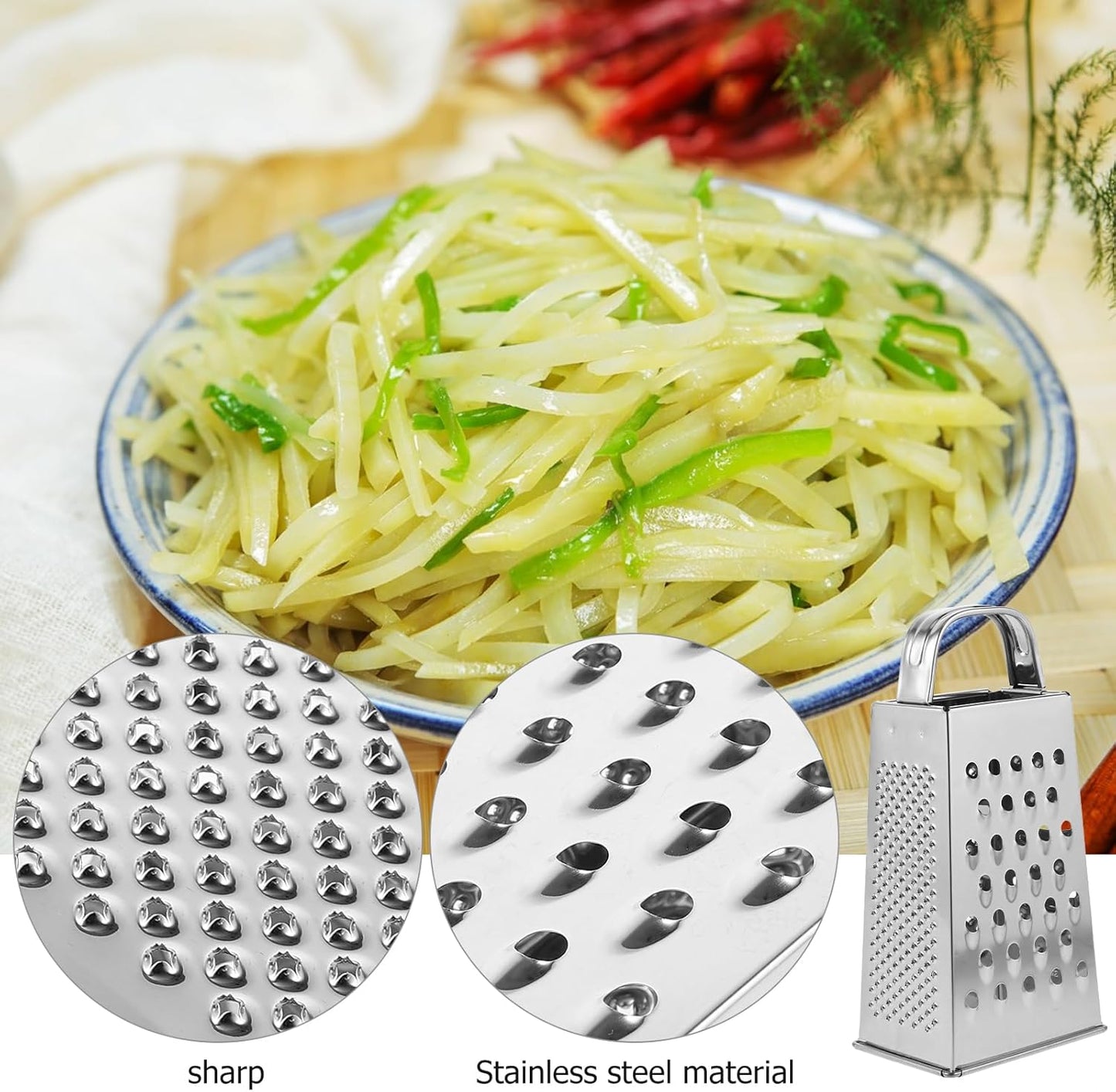 MAGICLULU 1pc Stainless Steel Vegetable Grater Portable Metal Grater 4-Sided Cheese Grater with Handle for Kitchen Restaurant (6inch)